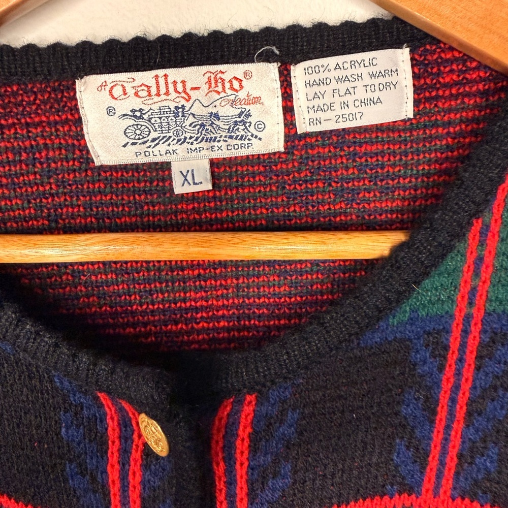 Vintage Tally-Ho Plaid Cardigan XL 90s Preppy Gold Button Sweater - Picture 2 of 6